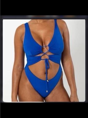 Royal Blue Lace-Up Cutout One-Piece Swimsuit